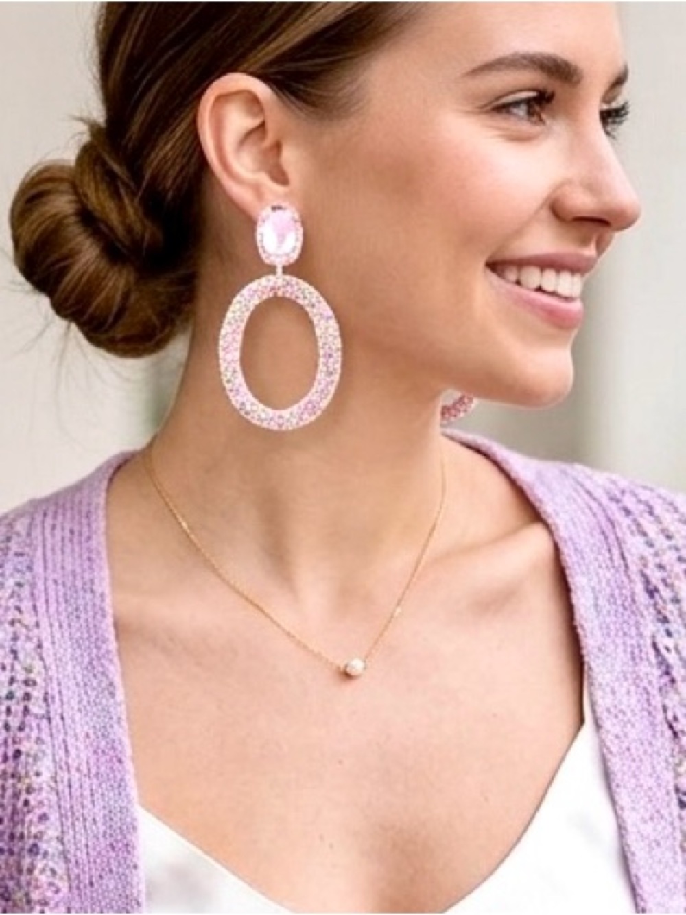 Bohemian Sequin Oval Drop Earrings | Pink Crystal Statement Dangle - Picture 4 of 5